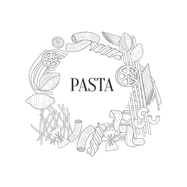 Verschillende soorten pasta ronde frame hand getekende realistische schets — Stockvector