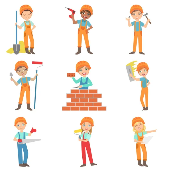 Obra de construcción y niños constructores conjunto — Vector de stock