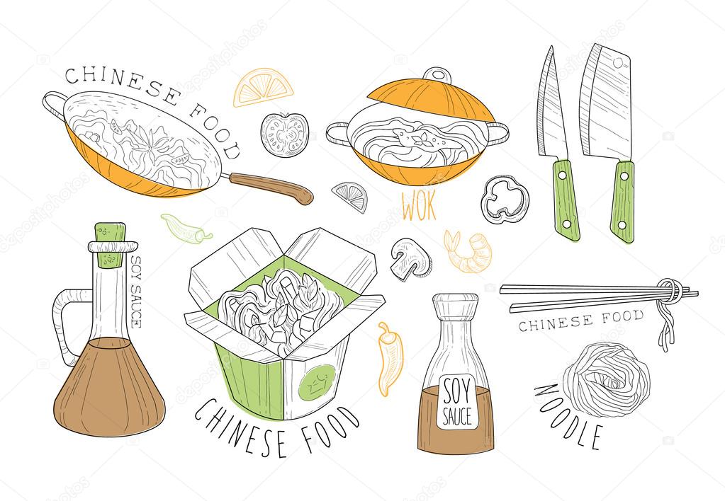 Chinese Food Cool Promo Labels Collection. Traditional Chinese Cuisine Of Premium Quality Advertisement Sign Set. Light Color Flat Cute Illustration In Simplified Outlined Vector Design