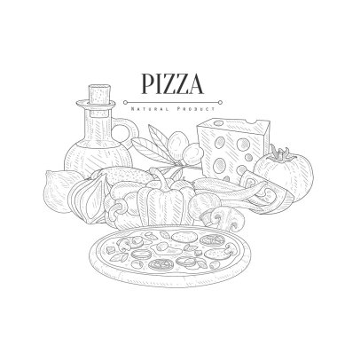 Pizza Pişirme Malzemeler Natürmort El Çizilmiş Gerçekçi Sketch