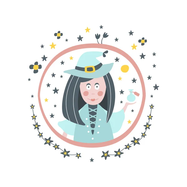 Sticker de personnage de conte de fées sorcière Girly dans un cadre rond — Image vectorielle