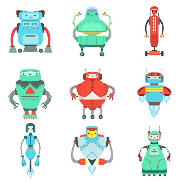 Colección de personajes de diferentes robots fantásticos lindos — Vector de stock