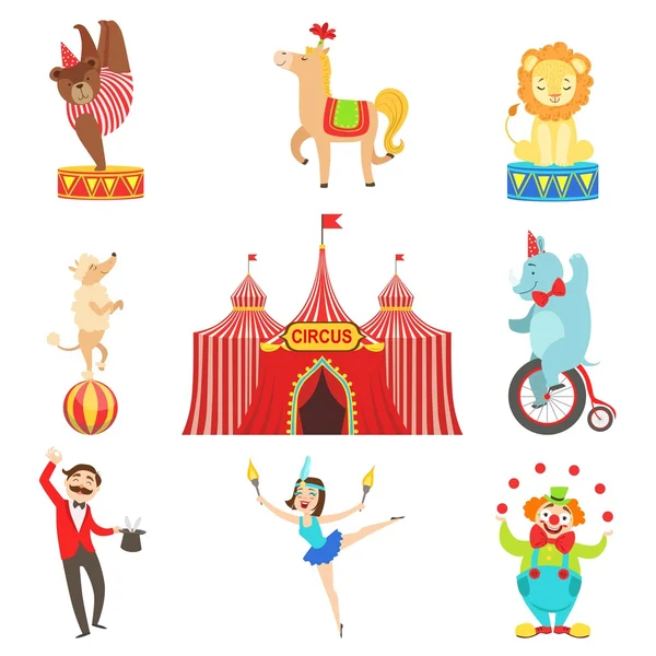 Conjunto de objetos y personajes de rendimiento de circo — Vector de stock