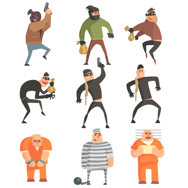 Criminales y convictos Juego de personajes divertidos — Vector de stock