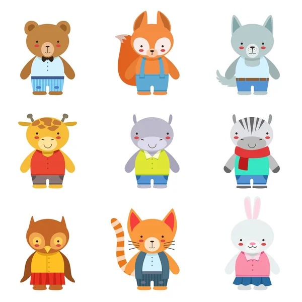 Juguete niños animales en ropa — Vector de stock