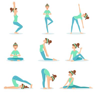 Mavi eğitim elbiseleri Yoga Asana gösteren kız