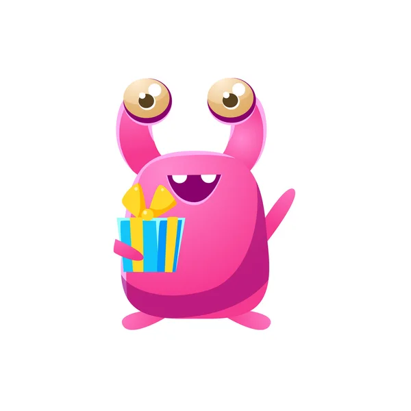 Pink Monster With Present — Stock Vector