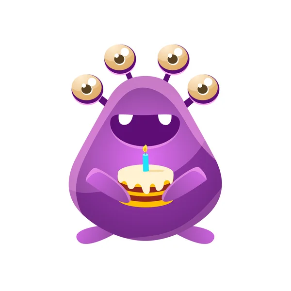 Monstruo de juguete púrpura con pastel de cumpleaños — Vector de stock