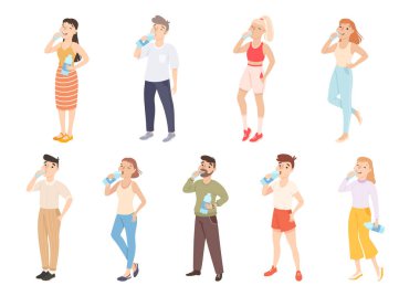 Plastik Şişe setinden Temiz Su İçen İnsanlar, Susuzluğu Söndüren Erkek ve Kadın Kişiler, Sağlıklı Yaşam Tarzı Çizgi Film Çizgi Roman Tarzı Çizim Vektörü Resimleri
