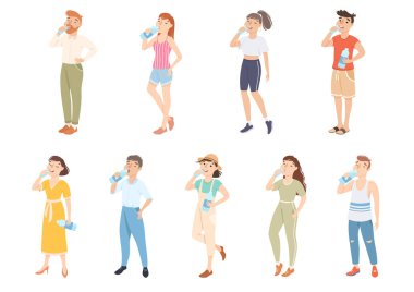 Temiz Su Seti İçen İnsanlar, Sıcak Yaz Havasında Susayan Erkekler ve Kadınlar, Sağlıklı Yaşam Tarzı Çizgi Film Stili Çizgi Roman İllüstrasyonu