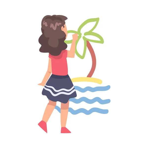 Cute Girl Dibujo Isla Tropical, en la pared, Dibujo para niños con lápices de tiza de colores y lápices de colores, Vista trasera Estilo de dibujos animados Vector Ilustración — Archivo Imágenes Vectoriales