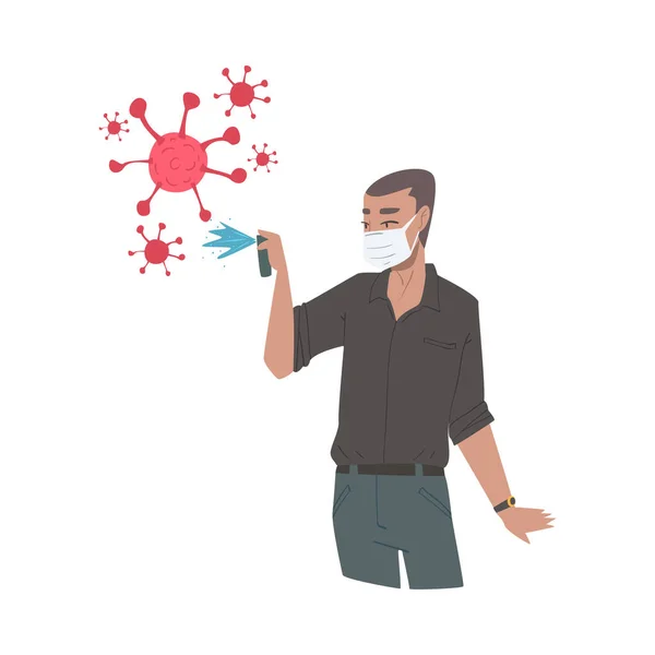 保護マスクを身に着けている男は、抗菌液を噴霧,ウイルスの発生から保護,パンデミック防止コンセプト漫画スタイルベクトルイラスト — ストックベクタ