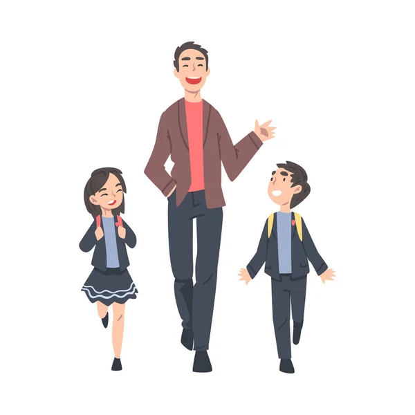 Father Taking his Son and Daughter Wearing Uniform to the School in the Morning. Parent and Kid Walking Together Cartoon Style Vector Illustration — Stock Vector