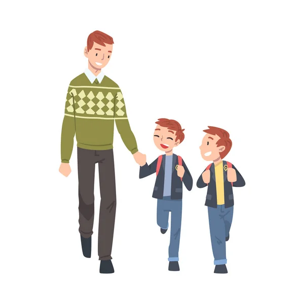 Father Taking his Two Sons to the School in the Morning. Parent and Kids Walking Together Holding Hands Cartoon Style Vector Illustration — Stock Vector