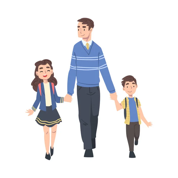Vater bringt Sohn und Tochter morgens zur Schule, Eltern und Kinder gehen gemeinsam an den Händen — Stockvektor