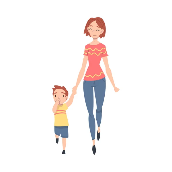 Madre llevando a su pequeño hijo a la escuela o jardín de infantes por la mañana, padre y niño caminando juntos sosteniendo las manos Ilustración vectorial de estilo de dibujos animados — Vector de stock