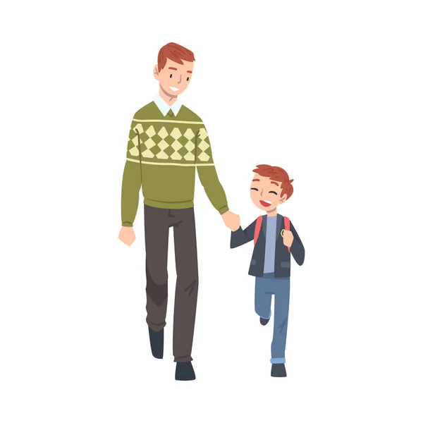 Baba oğlunu sabah okula götürüyor, ebeveyn ve çocuk el ele tutuşarak yürüyor çizgi film stili vektör canlandırması. — Stok Vektör