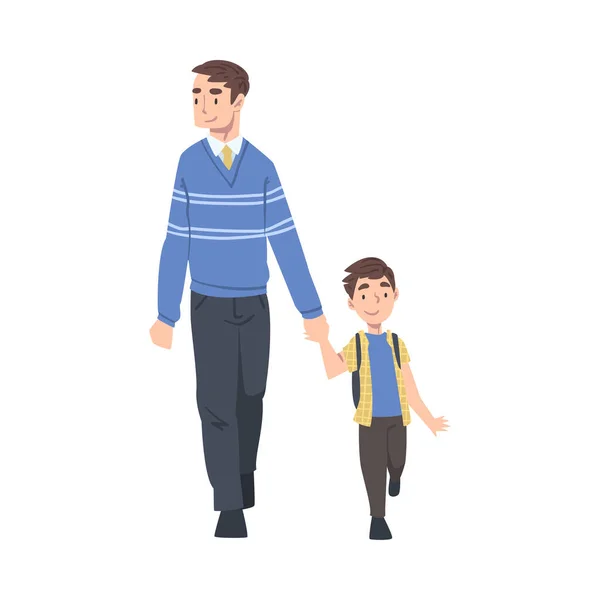 Father Taking his Son to the School in the Morning, Parent and Kid with Backpack Walking Together Holding Hands Cartoon Style Vector Illustration — Stock Vector