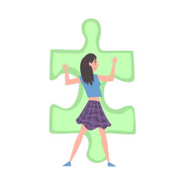 Yapboz Çözen Güzel Kız, Büyük Yeşil Bulmaca Elementi Çizgi Film Biçimli Vektör Resimlerini Birleştirmeye Çalışan Kişi