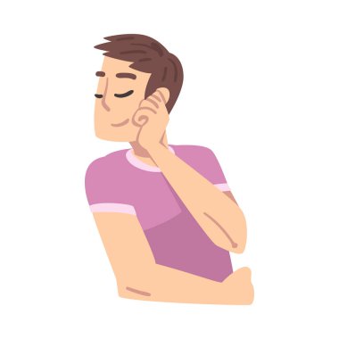 Genç Adam Mutlu Yüz İfadesiyle Bir Fikir Düşünüyor, Adam Rahatlıyor ve Çizgi Film Biçimli Vektör Çizimi Hakkında Hayal Kuruyor