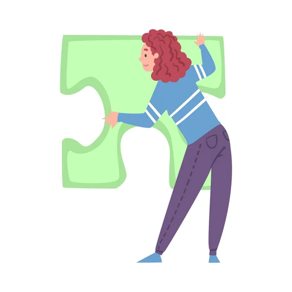 Back View of Woman Solving Jigsaw Puzzle, Girl Trying to Connect Big Green Puzzle Element Cartoon Style Vector Illustration — Stock Vector