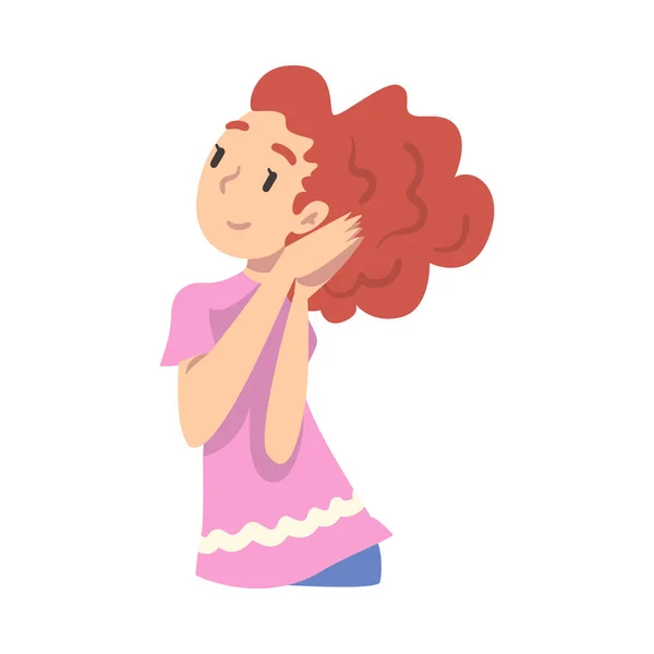 Redhead Girl Κοιτάζοντας μακριά Στοχαστικά, Teenage Girl Dreaming about Something Cartoon Style Εικονογράφηση διάνυσμα — Διανυσματικό Αρχείο