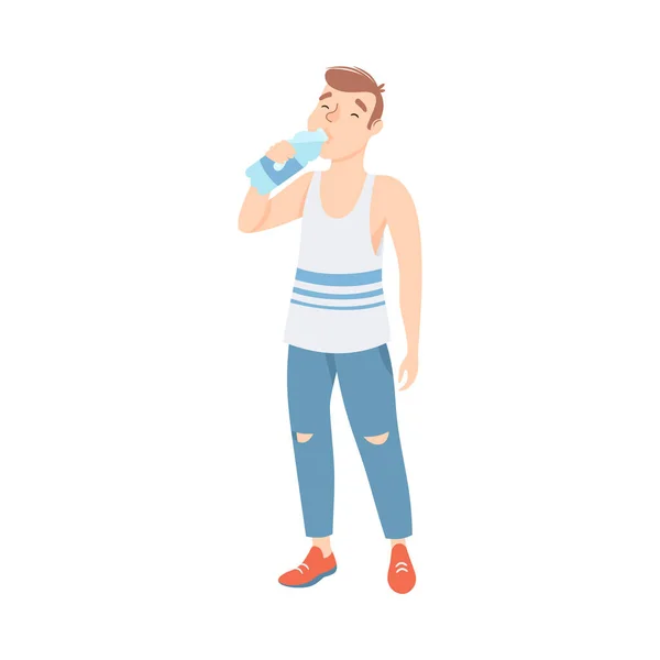 Plastik Şişeden Temiz Su İçen Adam, Sıcak Yaz Havasında Susuzluğunu Söndüren İnsan, Sağlıklı Yaşam Tarzı Çizgi Film Modeli Vektör İllüzyonu — Stok Vektör