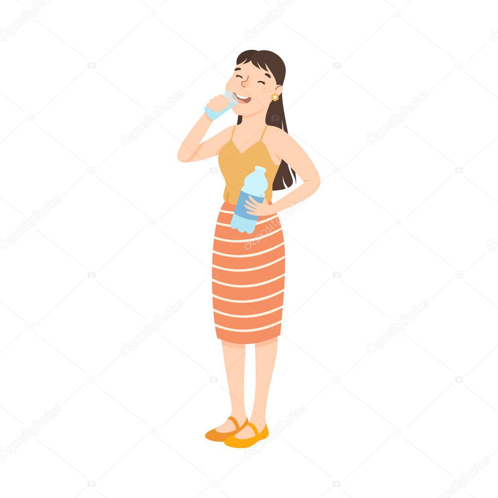 Smiling Girl Drinking Clean Water from Glass, Woman Quenching Thirst at Hot Summer Weather, Healthy Lifestyle Concept Cartoon Style Vector Illustration
