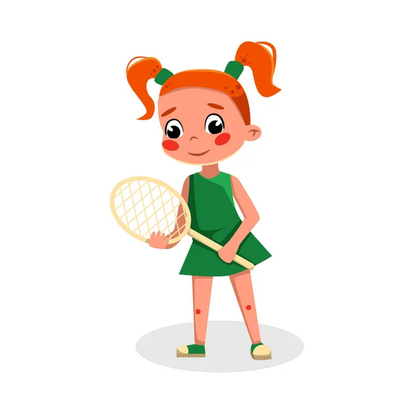 Garçon jouant au tennis ou au badminton, Enfant jouant à un jeu de sport, Faire de l'exercice physique, Style de vie sain actif Concept Illustration vectorielle de style de bande dessinée — Image vectorielle