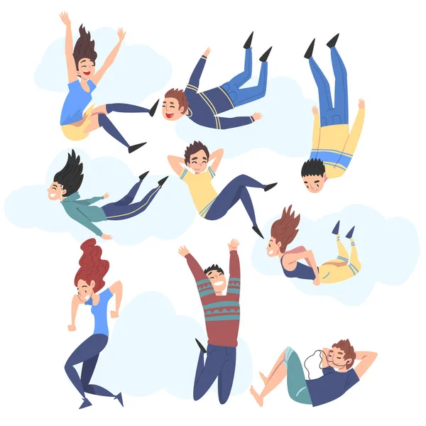 Menschen, die am Himmel schweben, glücklich träumende Jungen und Mädchen, die in der Luft fliegen im Cartoon-Stil Vektor Illustration — Stockvektor