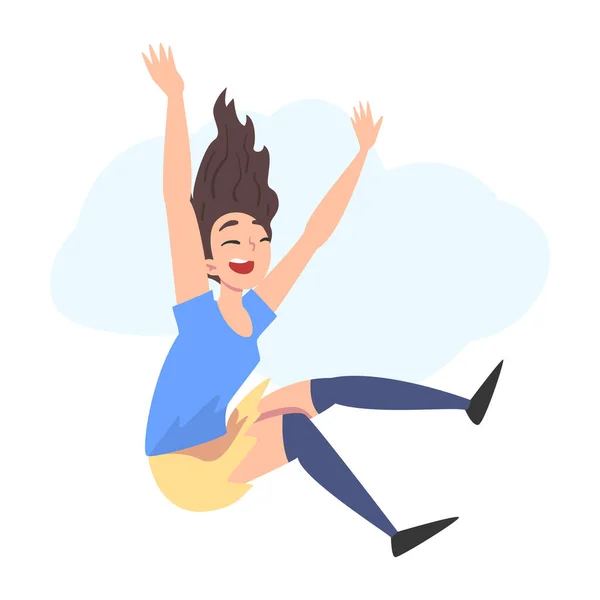 Menina sorridente voando no céu, pessoa feliz sonhando, lutando pelo sucesso Desenhos animados Estilo Vector Ilustração — Vetor de Stock