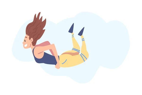 Chica volando en el cielo, persona feliz soñando, esforzándose por el éxito o el crecimiento espiritual Dibujos animados Estilo Vector Ilustración — Vector de stock