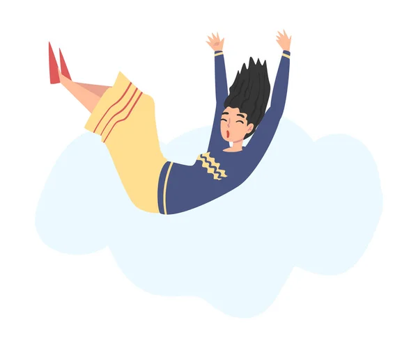 Chica volando en el cielo, persona feliz soñando, esforzándose por el éxito o el crecimiento espiritual Dibujos animados Estilo Vector Ilustración — Vector de stock