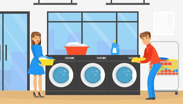 Public Laundrette with Laundromat Washing Machines, People Loading Clothes for Washing and Drying, Wash Service Concept Cartoon Vector Illustration — Stock Vector