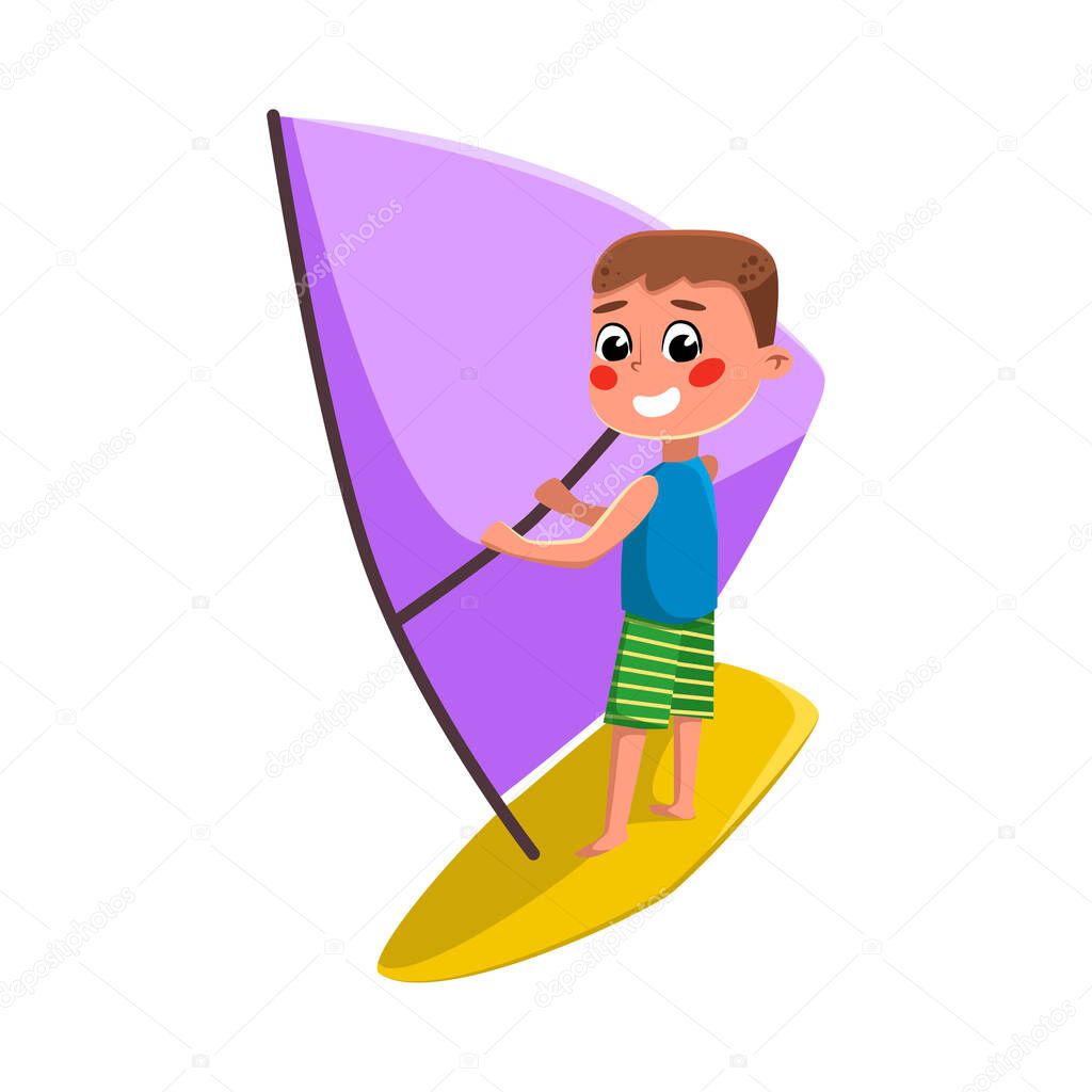 Boy Windsurfing in Sea, Summer Water Sport or or Recreational Activity Cartoon Style Vector Illustration