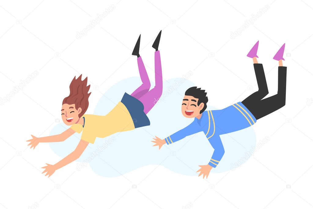 Happy Teenagers Flying in the Sky, Smiling Dreaming Boy and Girl Floating in the Air Cartoon Style Vector Illustration