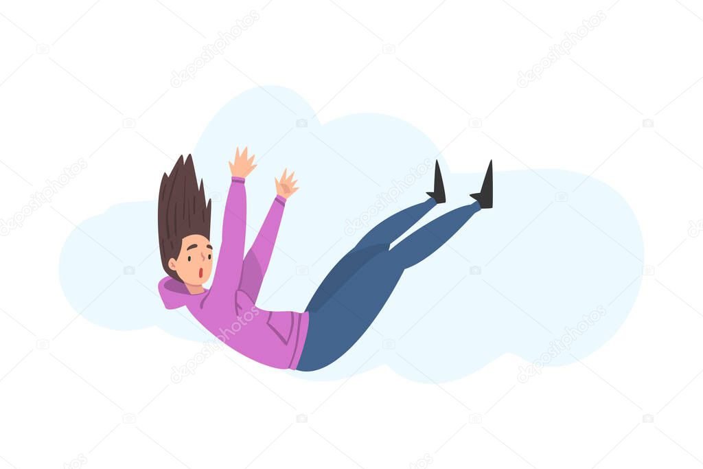 Teenage Girl Flying in the Sky, Happy Dreaming Person Floating in the Air Cartoon Style Vector Illustration
