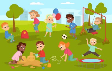 Tatlı Çocuklar Doğada Oyun Alanında Oynuyor, Mutlu Çocuklar Sandpit 'te Oynuyor, Futbol Oynuyor, Trambolin Vector Illustration' da Zıplıyor