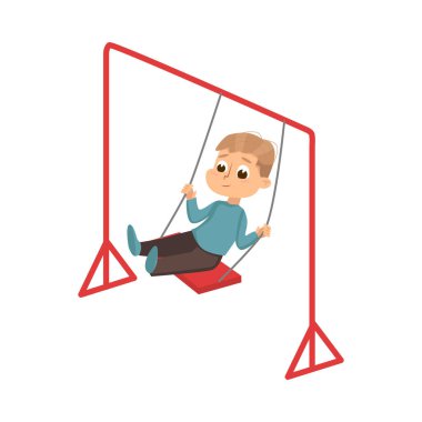Salıncakta Süzülen Çocuk, Oyun Bahçesinde Eğlenen Çocuk Çizgi Film Stili Vektör İllüstrasyonu
