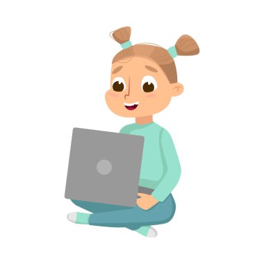 Dizüstü bilgisayar, Çevrimiçi Eğitim ya da Kurs, Çocuk Programcı Karakteri Çizgi Film Stili Vektör İllüstrasyonu kullanarak Zeminde Bacak Çapraz Oturan Sevimli Küçük Kız