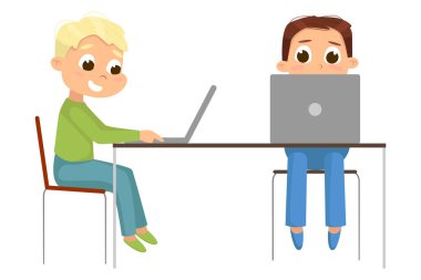 İşyerinde Dizüstü Bilgisayar Kullanan İki Çocuk, Çevrimiçi Eğitim ya da Kurslar, Çocuk Programcı Karakteri Çizgi Film Biçimi Vektör İlülasyonu
