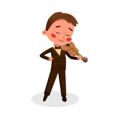 Erkek Müzisyen Karakteri Keman Çalıyor, Çocuk Hobisi Ya da Geleceğin Meslek Konsepti Çizgi Film Sanatçısı