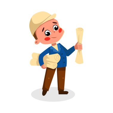 Sert Şapkalı Çocuk Mühendis Karakteri, Çocuk Hobisi ya da Geleceğin Meslek Konsepti Çizgi Film Şekli Vektör Çizimi