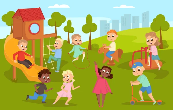 Lindos niños jugando en el patio de recreo en el paisaje natural, niños felices balanceándose en el oscilación, deslizándose hacia abajo diapositiva, montando patada scooter vector ilustración — Archivo Imágenes Vectoriales