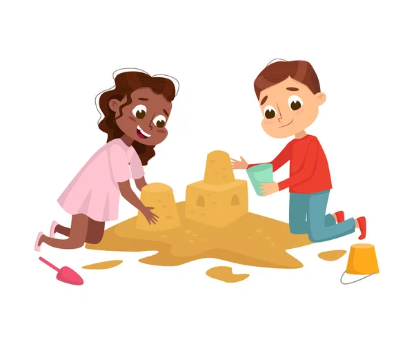 Little Girl and Boy Playing in Sandbox, Kid Having Fun on Playground Cartoon Style Vector Illustration — Stock Vector