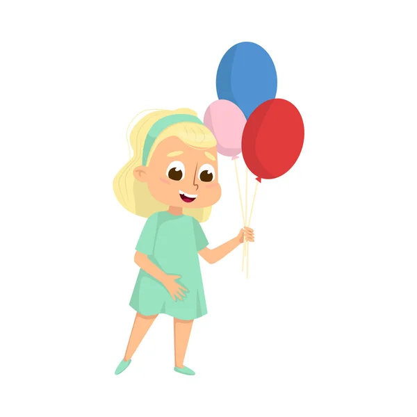 Söt Blond Liten Flicka Att Ha Kul Med Färgglada Ballonger Tecknad Stil Vektor Illustration — Stock vektor