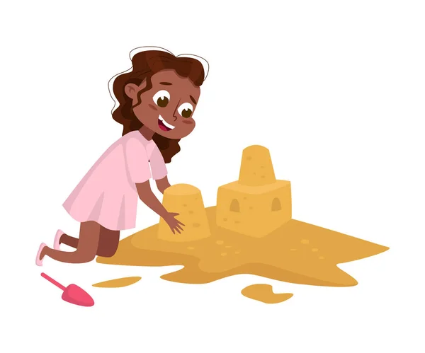 Little African American Girl Playing on Pile of Sand, Kid Having Fun on Playground Cartoon Style Vector Illustration — Stock Vector