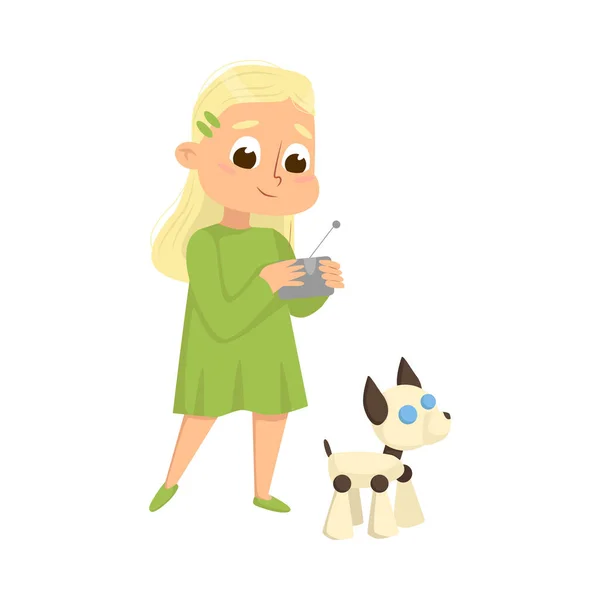 Fille mignonne Création et programmation Smart Dog Robot, Éducation électronique, Ingénierie du matériel de haute technologie Illustration vectorielle de style bande dessinée — Image vectorielle