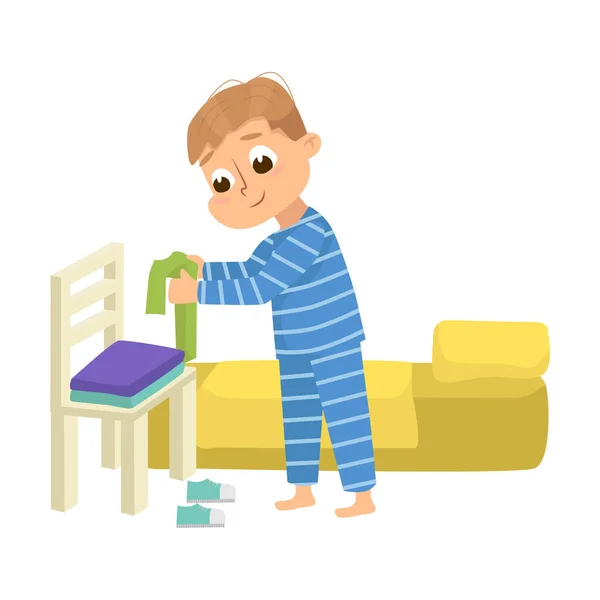 Söt pojke i Pajamas Gör dig redo att sova tecknad stil vektor Illustration — Stock vektor