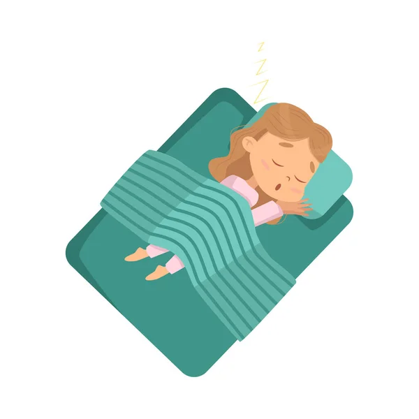 Roztomilé blondýny holčička spí sladce ve své posteli pod přikrývkou, před spaním, Sladké sny rozkošné Kid koncepce karikatura styl vektorové ilustrace — Stockový vektor